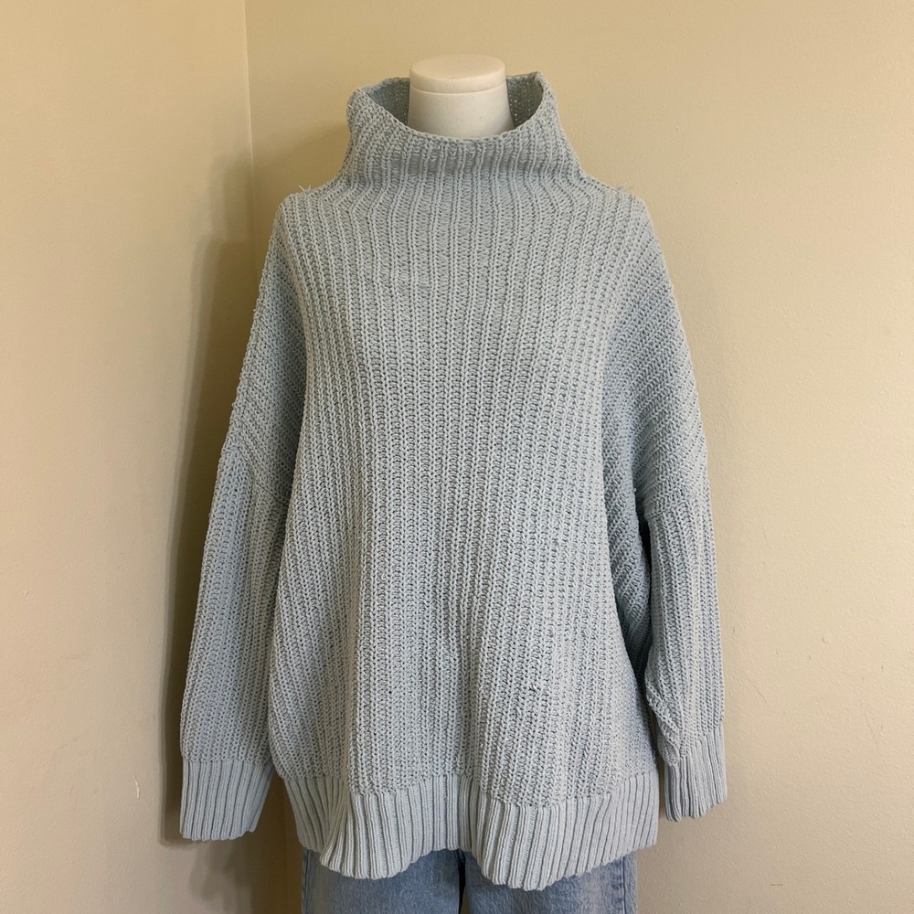 Aerie Womens XL Light Blue Chenille Chunky Ribbed Knit Funnel Neck Sweater